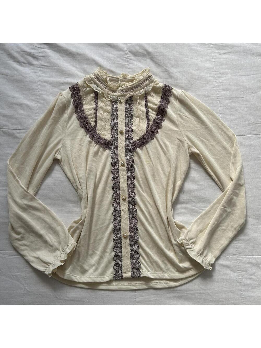 Axes Femme Cream Lace Ruffle High Neck Pearl Button Blouse Medium Japan
